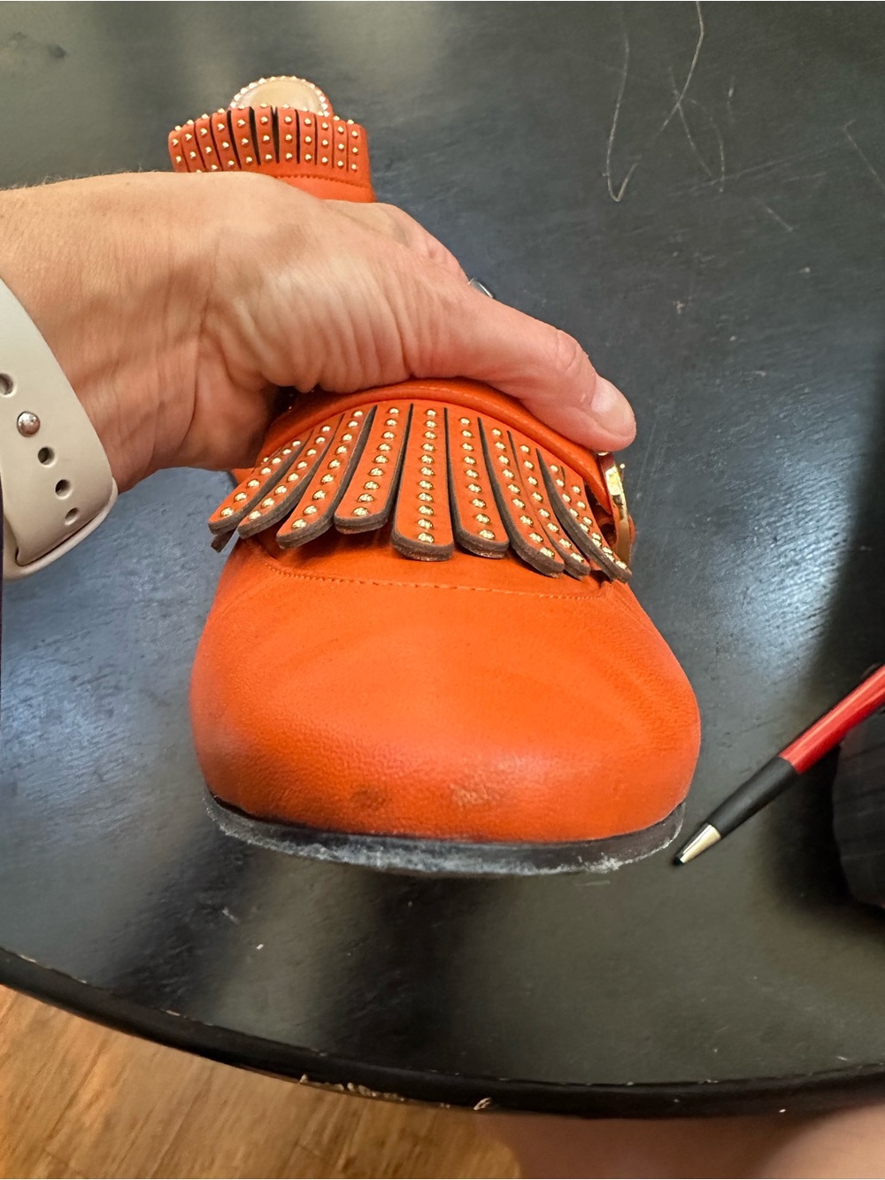 Office of Angela Scott - Women's Orange Studded Fringe Loafers - Picture 8 of 8